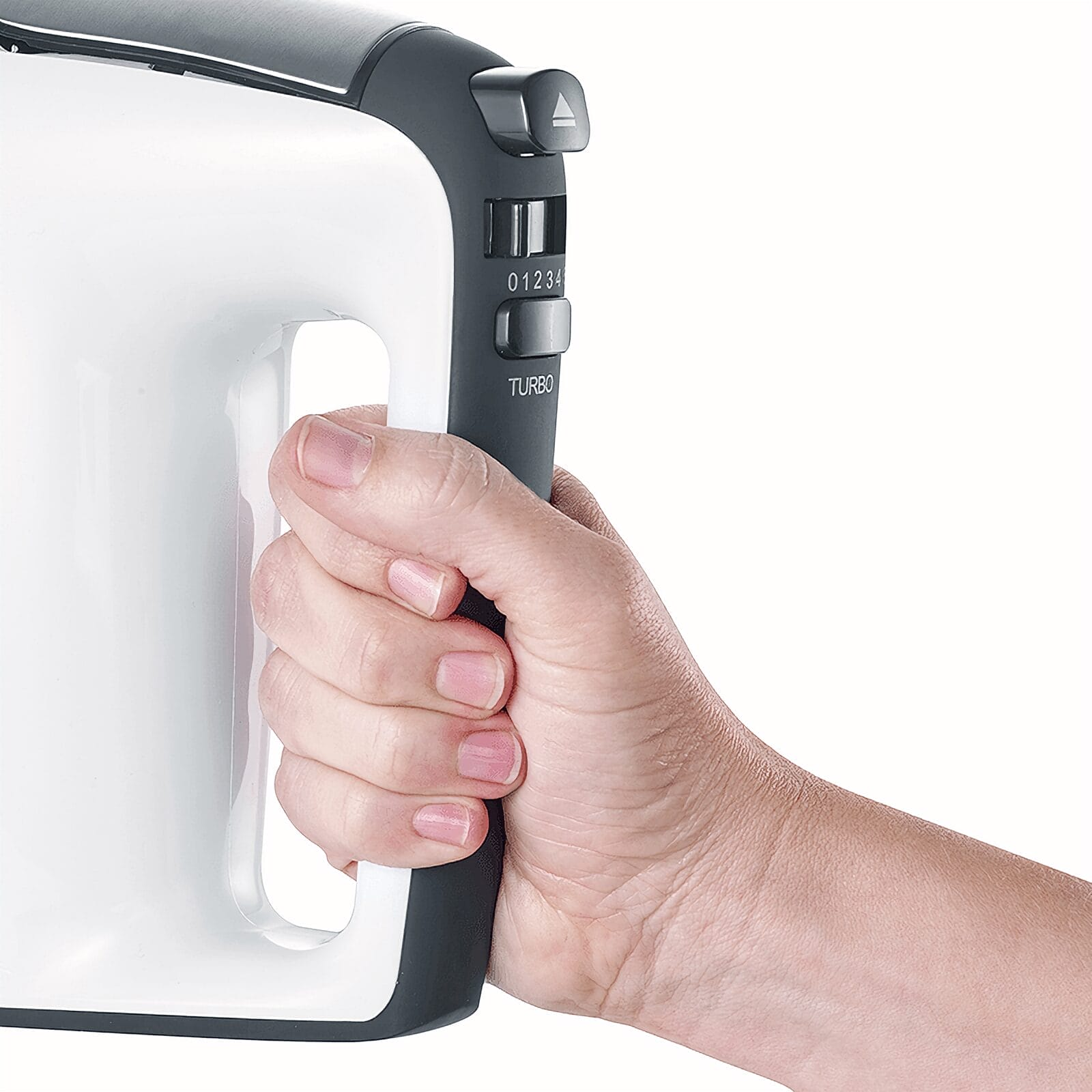 A hand holds a white mixer handle with gray controls and numbers.