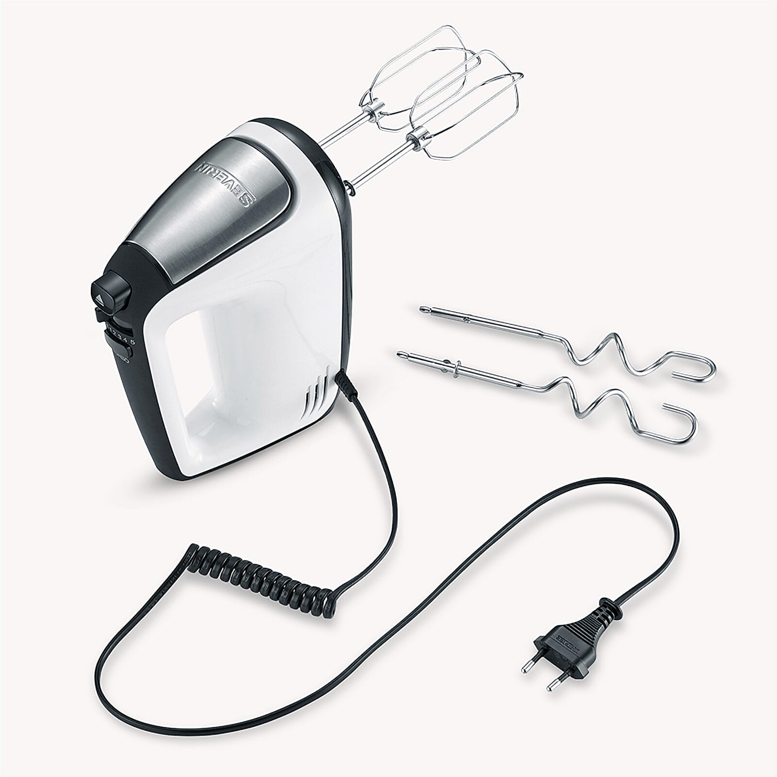 White hand mixer with silver accents, two beaters, and a cord with plug.