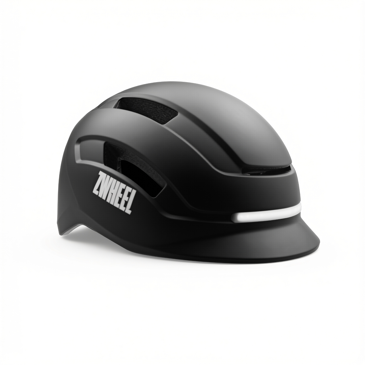 Casco de bicicleta negro con logo blanco y tira de luz, sobre fondo blanco.