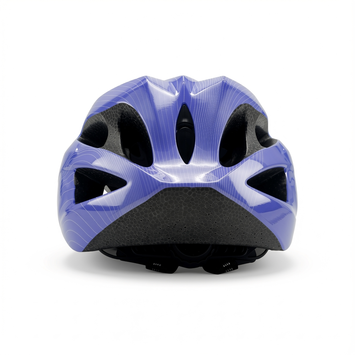 Un casco de ciclismo azul con rayas blancas y ventilaciones negras sobre fondo blanco.