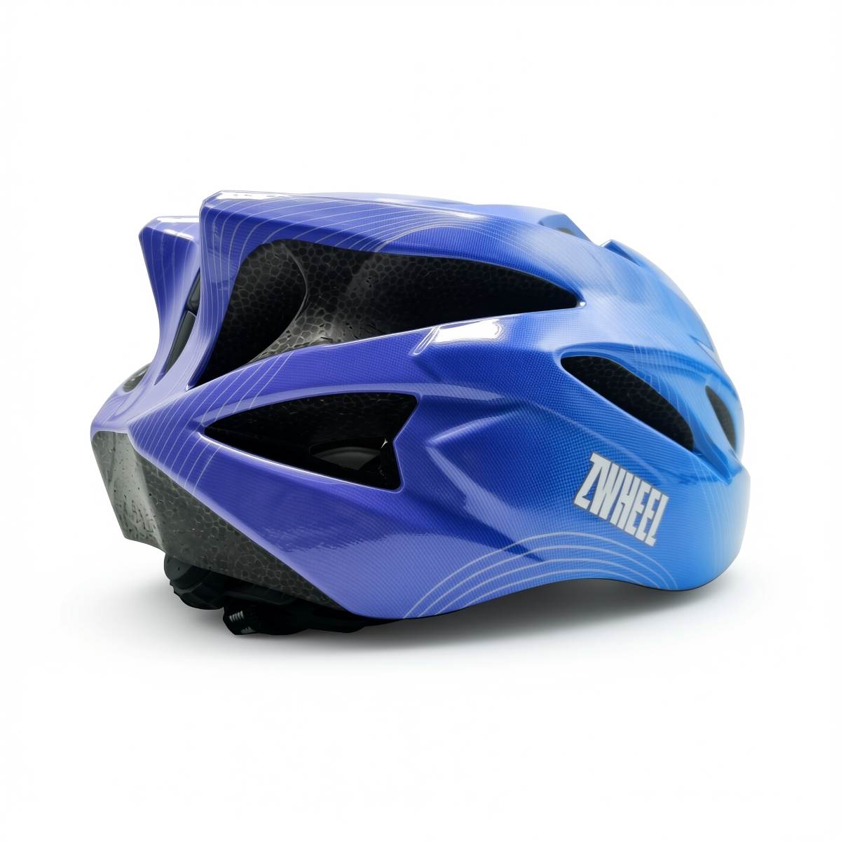 Casco de bicicleta azul con ventilaciones y logo ZWHEEL sobre fondo blanco.