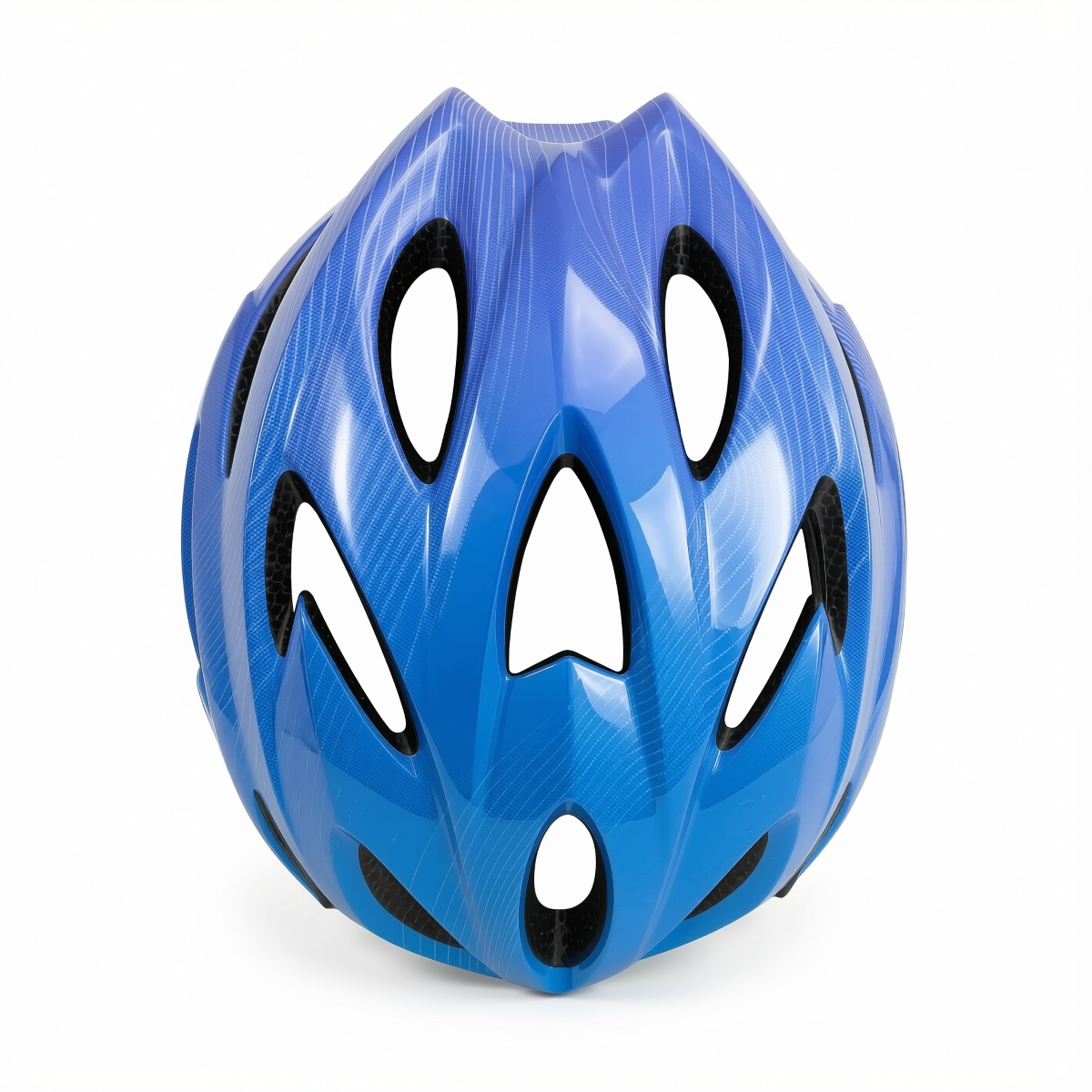 Casco de bicicleta azul con ventilaciones y superficie estampada.