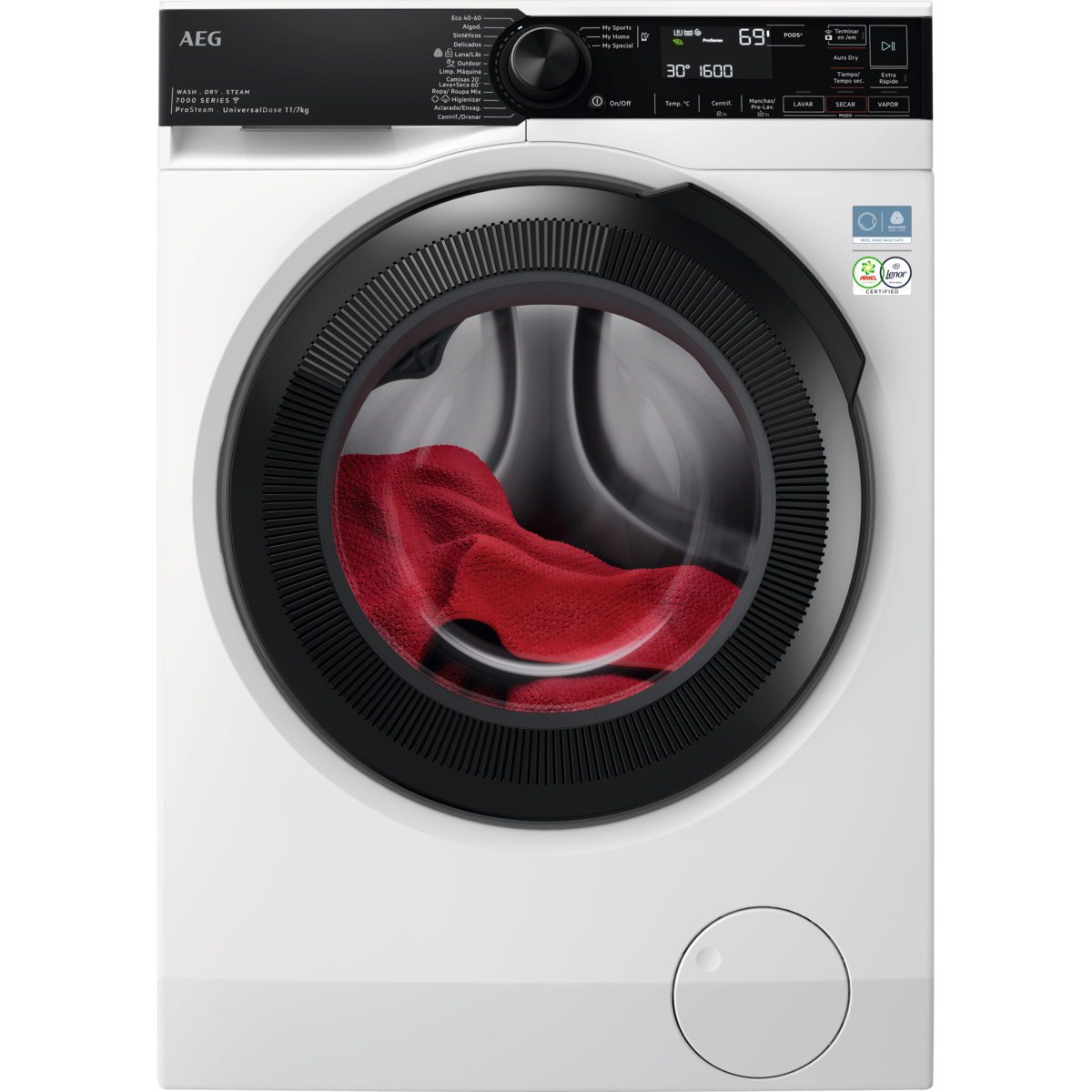 Lavadora AEG blanca con puerta negra y tela roja dentro.
