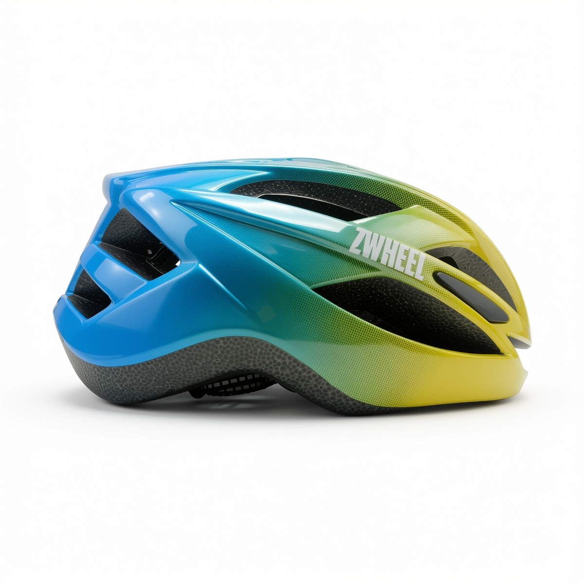 Casco de bicicleta con degradado de azul a amarillo, ventilaciones y logo.