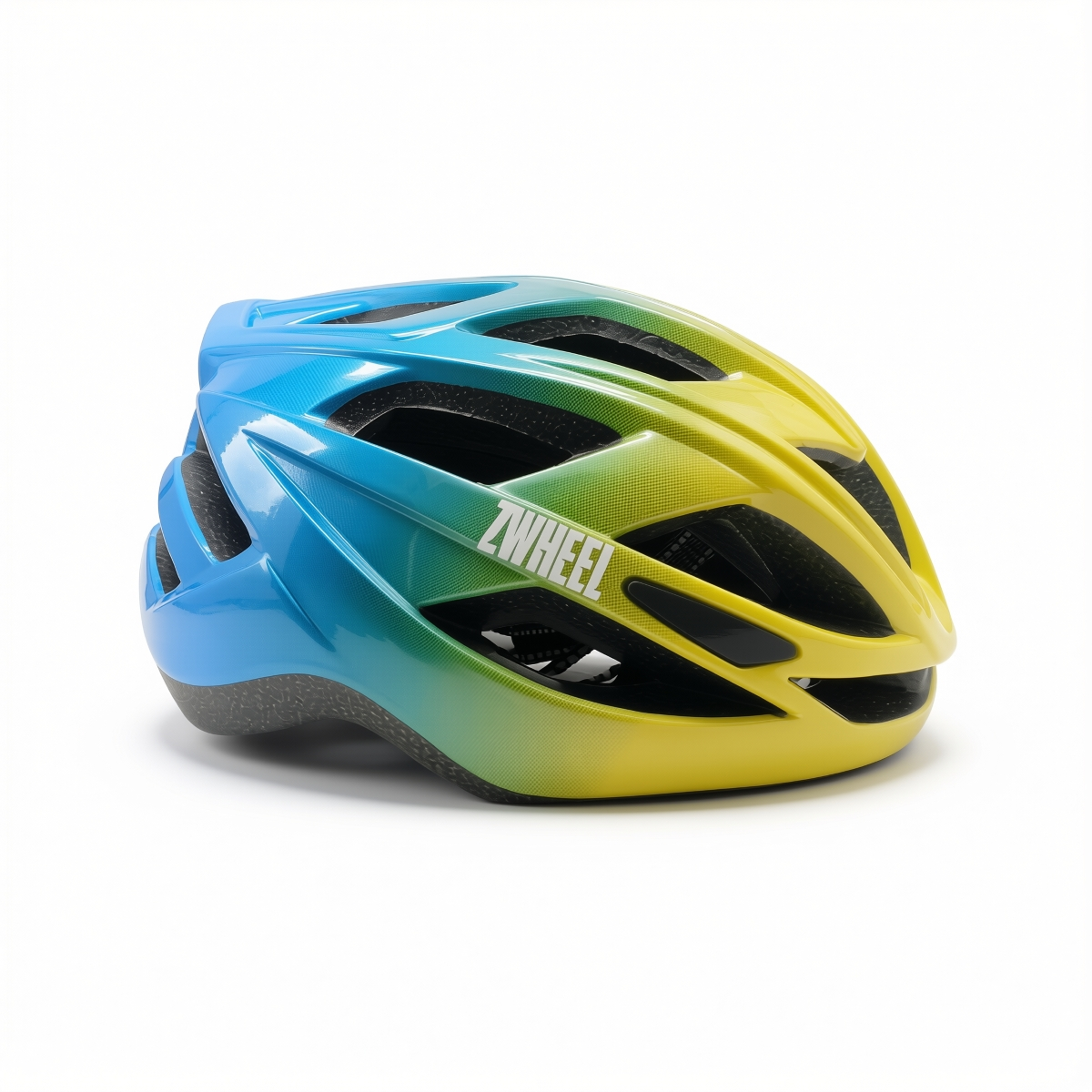 Casco de bicicleta azul, verde y amarillo con ventilaciones y logo ZWHEEL.