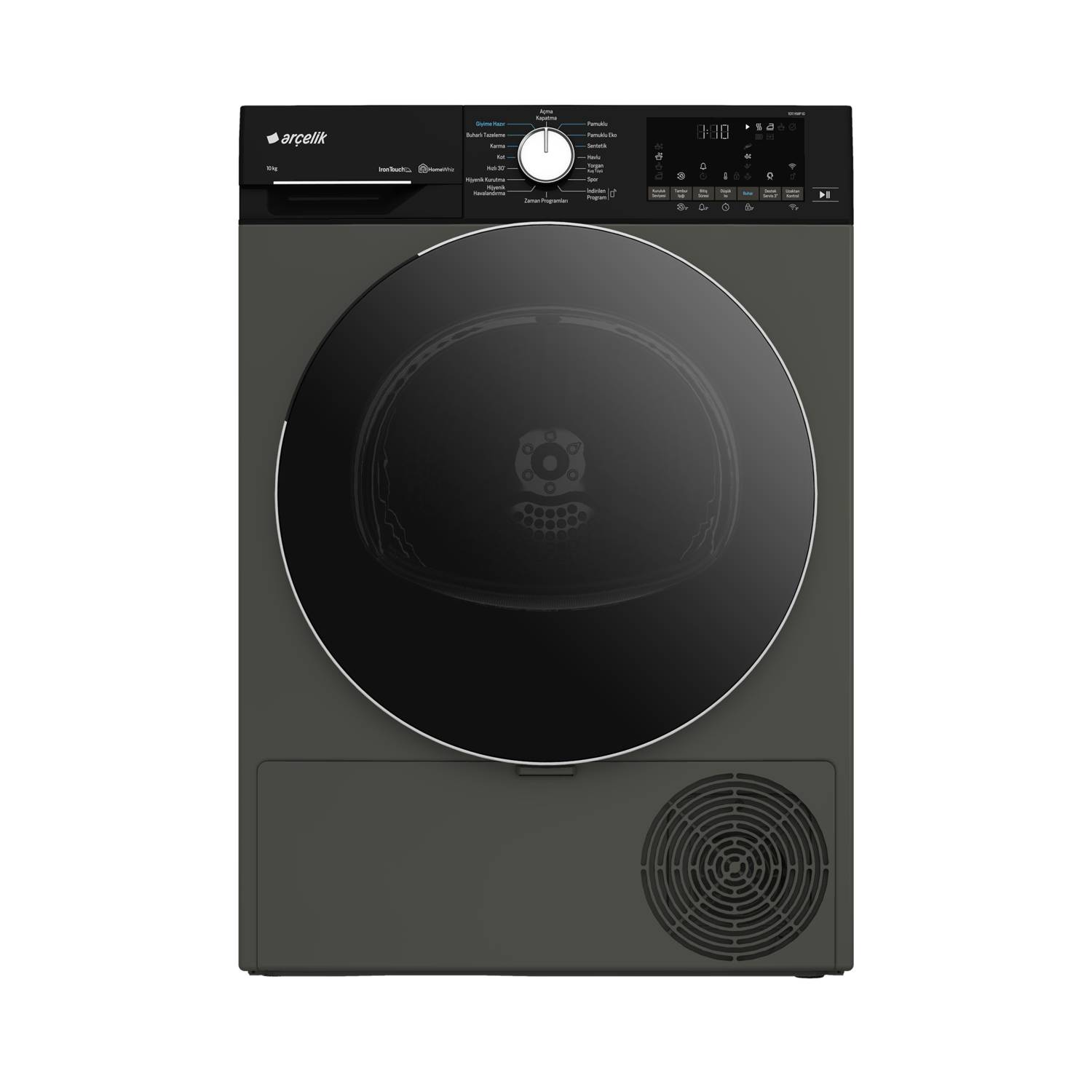 Büyük yuvarlak kapağı ve kontrol paneli olan modern, siyah bir çamaşır kurutma makinesi.