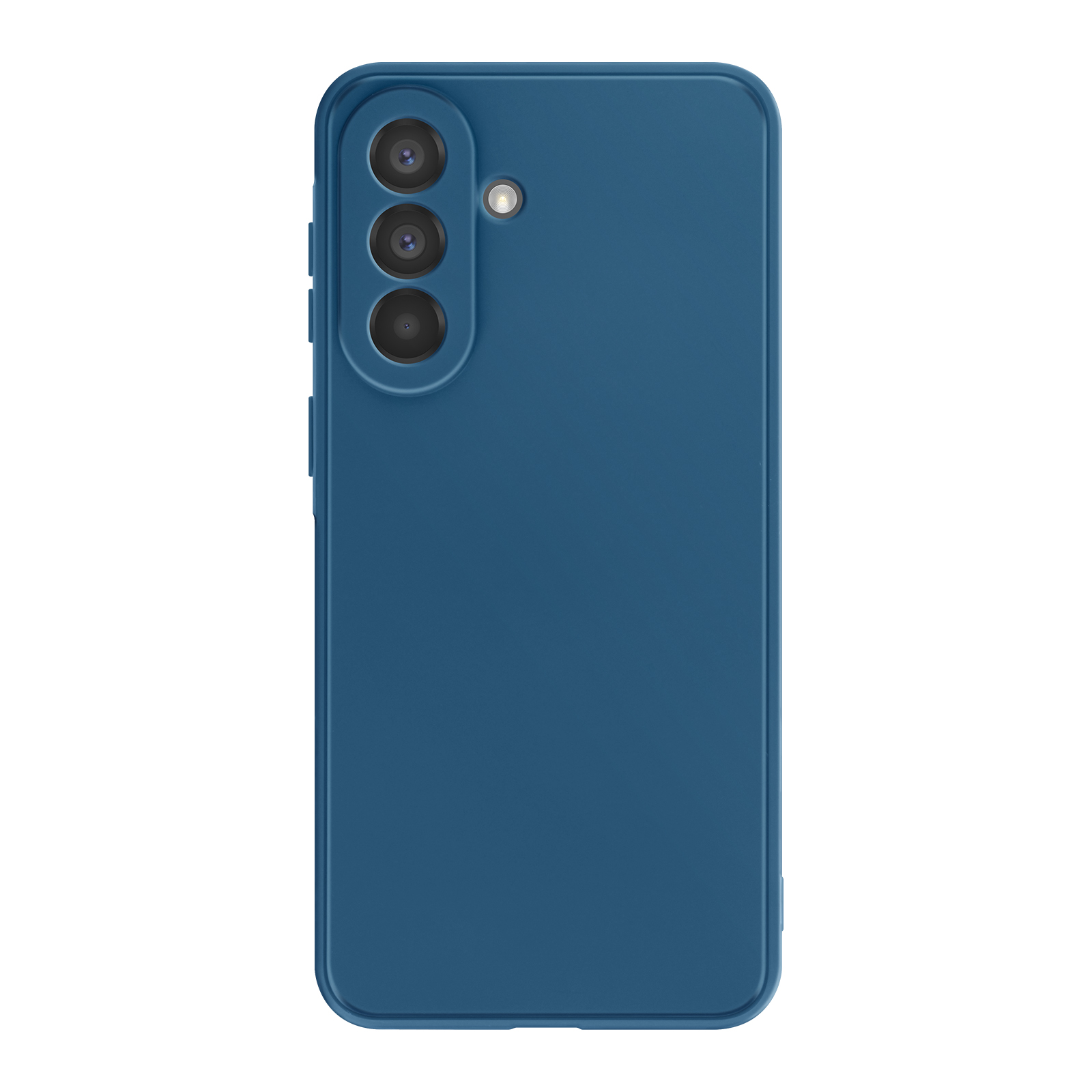 Rückseite eines blauen Smartphones mit drei Kameras und Blitz.