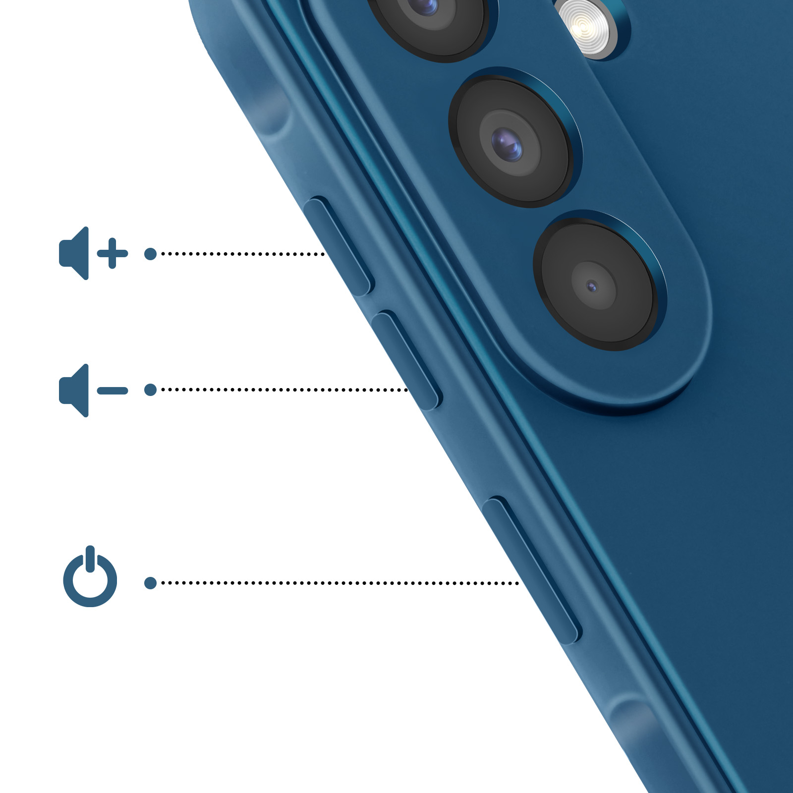 Blaue Smartphone-Rückseite mit drei Kameras. Lautstärke und Power-Symbole.