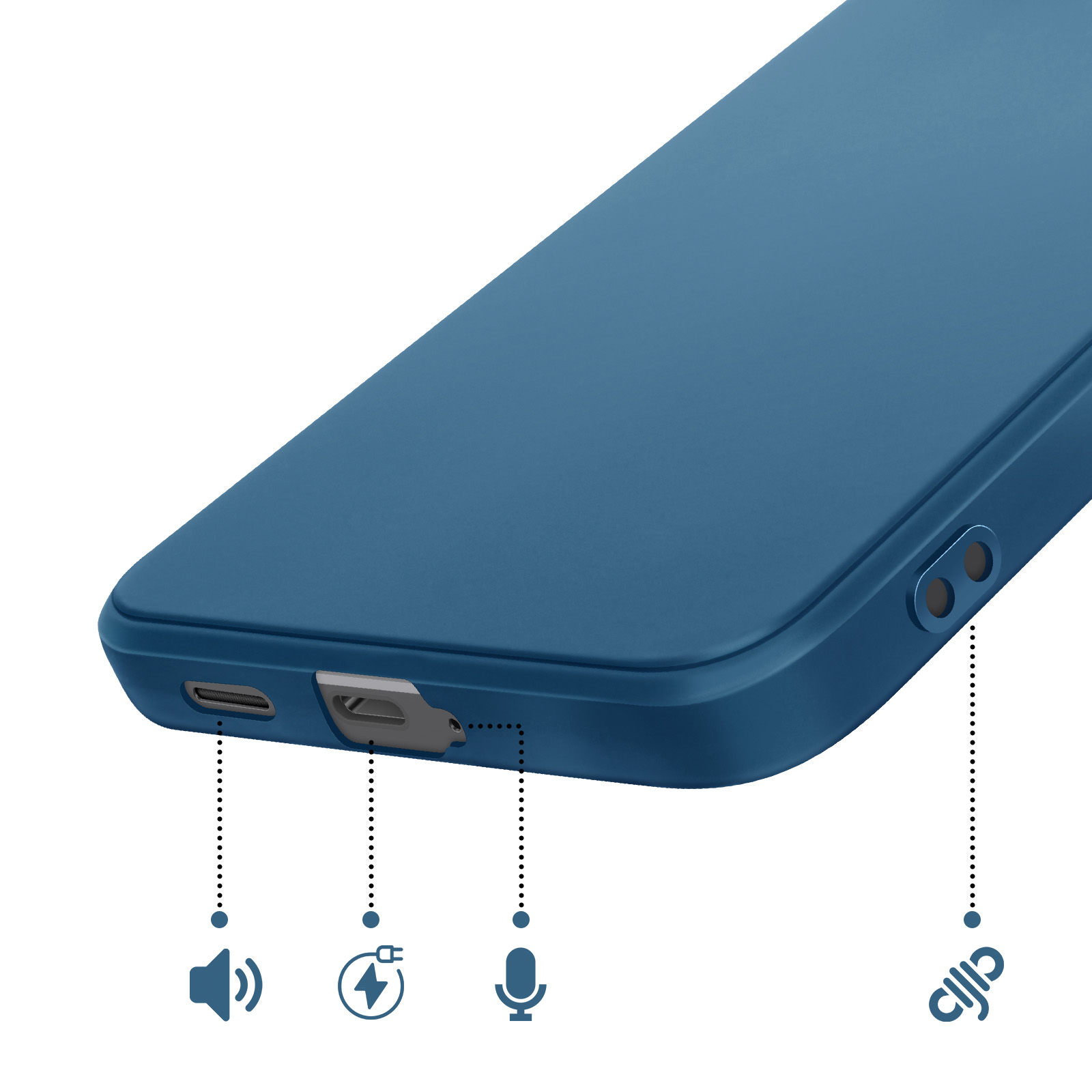 Blaues Smartphone mit Anschlüssen: Lautsprecher, Ladeanschluss, Mikrofon und Lautstärketasten.