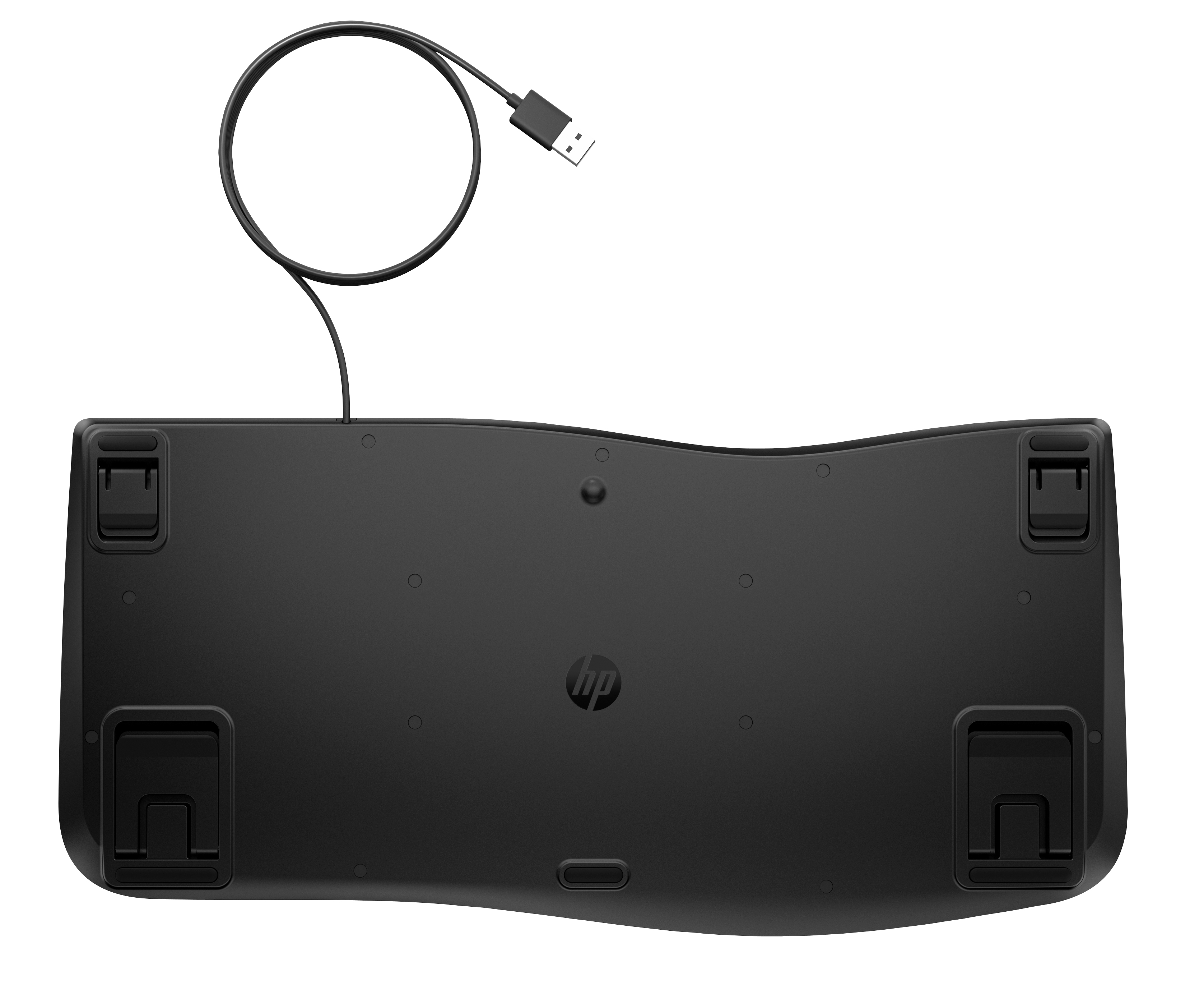 Parte inferior de un teclado HP negro con cable USB y patas ajustables.