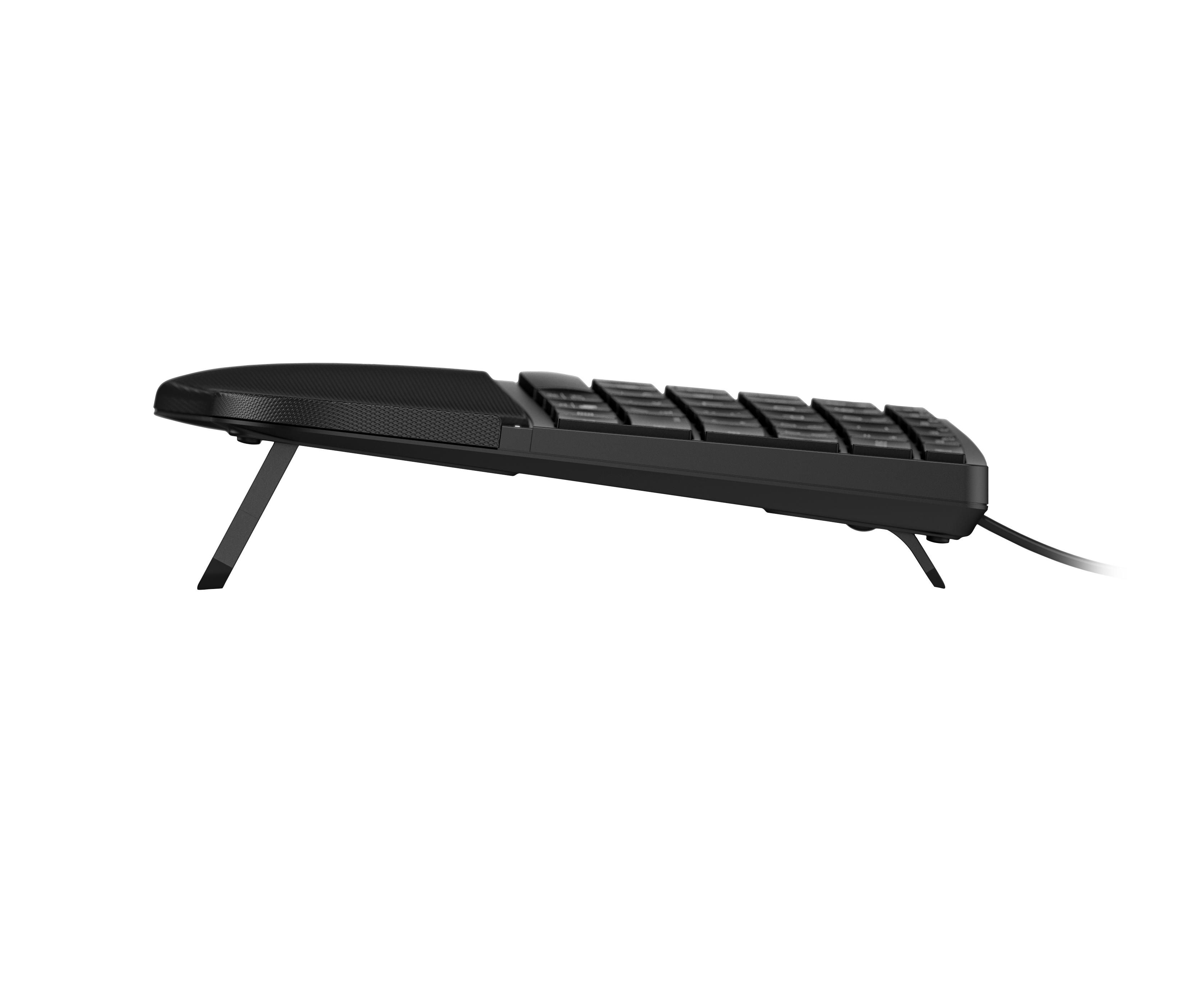Teclado negro con patas plegables, visto de lado.