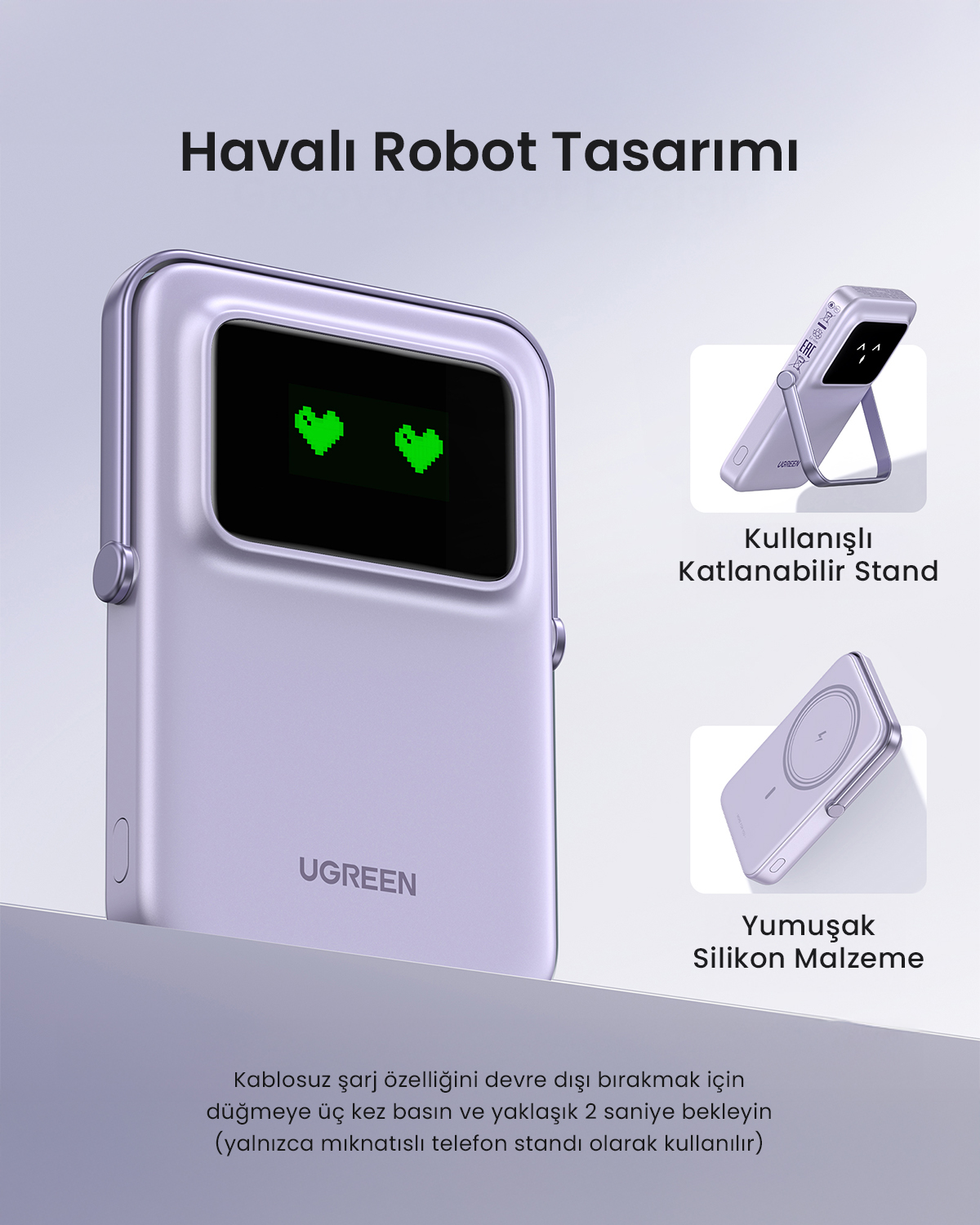 Fioletowy power bank w kształcie robota z dwoma zielonymi wyświetlaczami w kształcie serca.