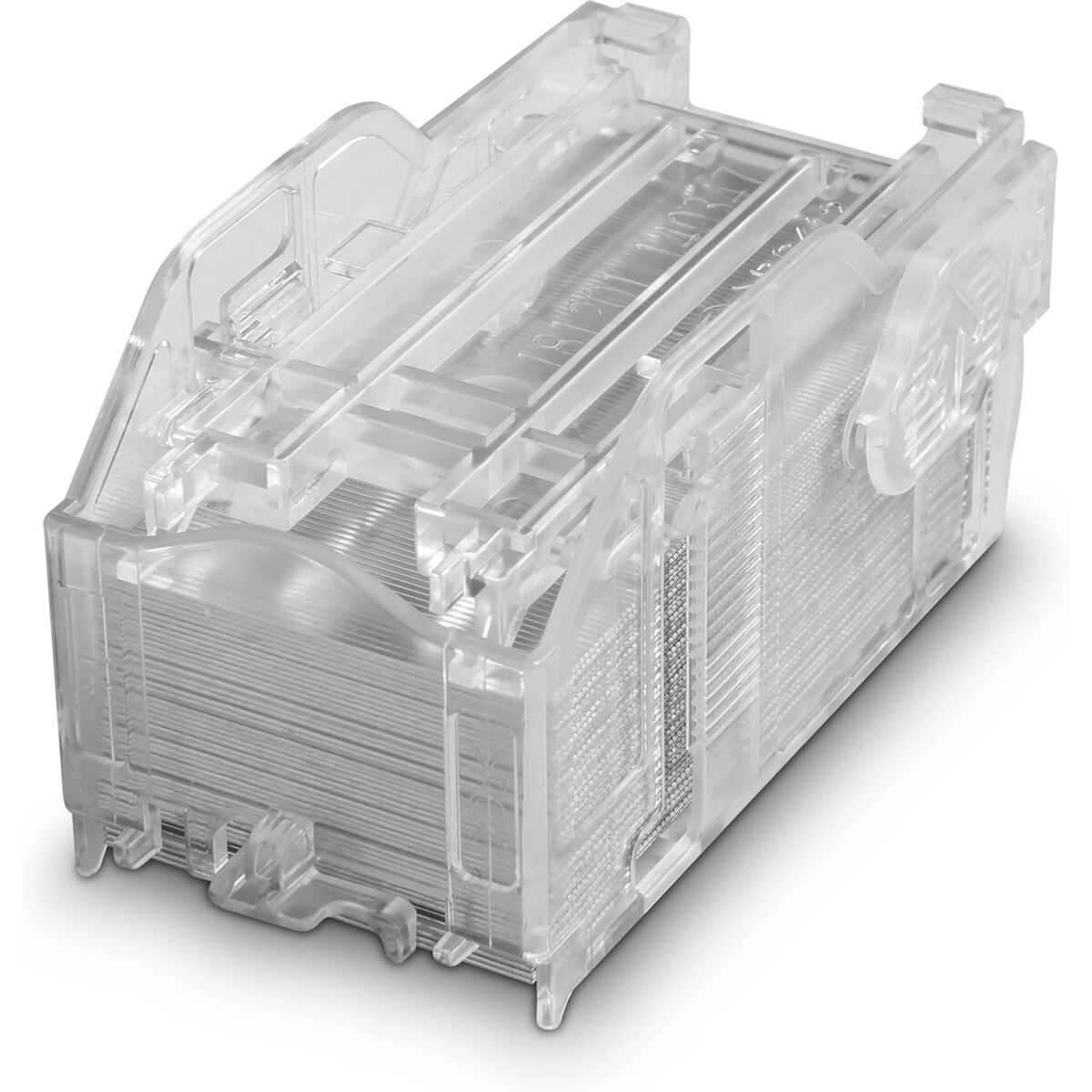 Cartucho recargable transparente para grapadora con grapas.