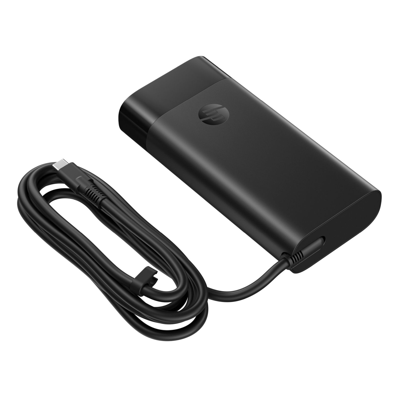 Adaptador de corriente HP negro con cable USB-C sobre fondo blanco.