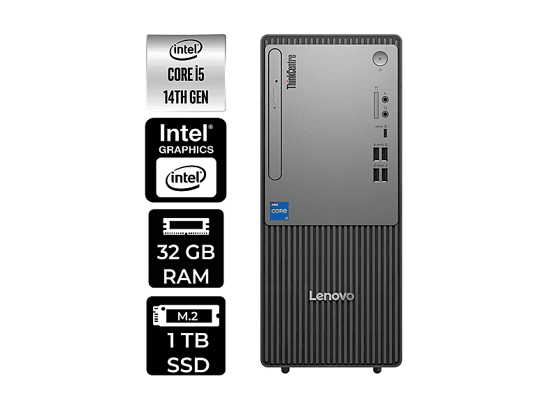 LENOVO ThinkCentre Neo 50T 12UAS1CF00P306 PER4 Bellek Intel® Core™ i5-14400 32 GB RAM 1 TB SSD FreeDOS Masaüstü Bilgisayar