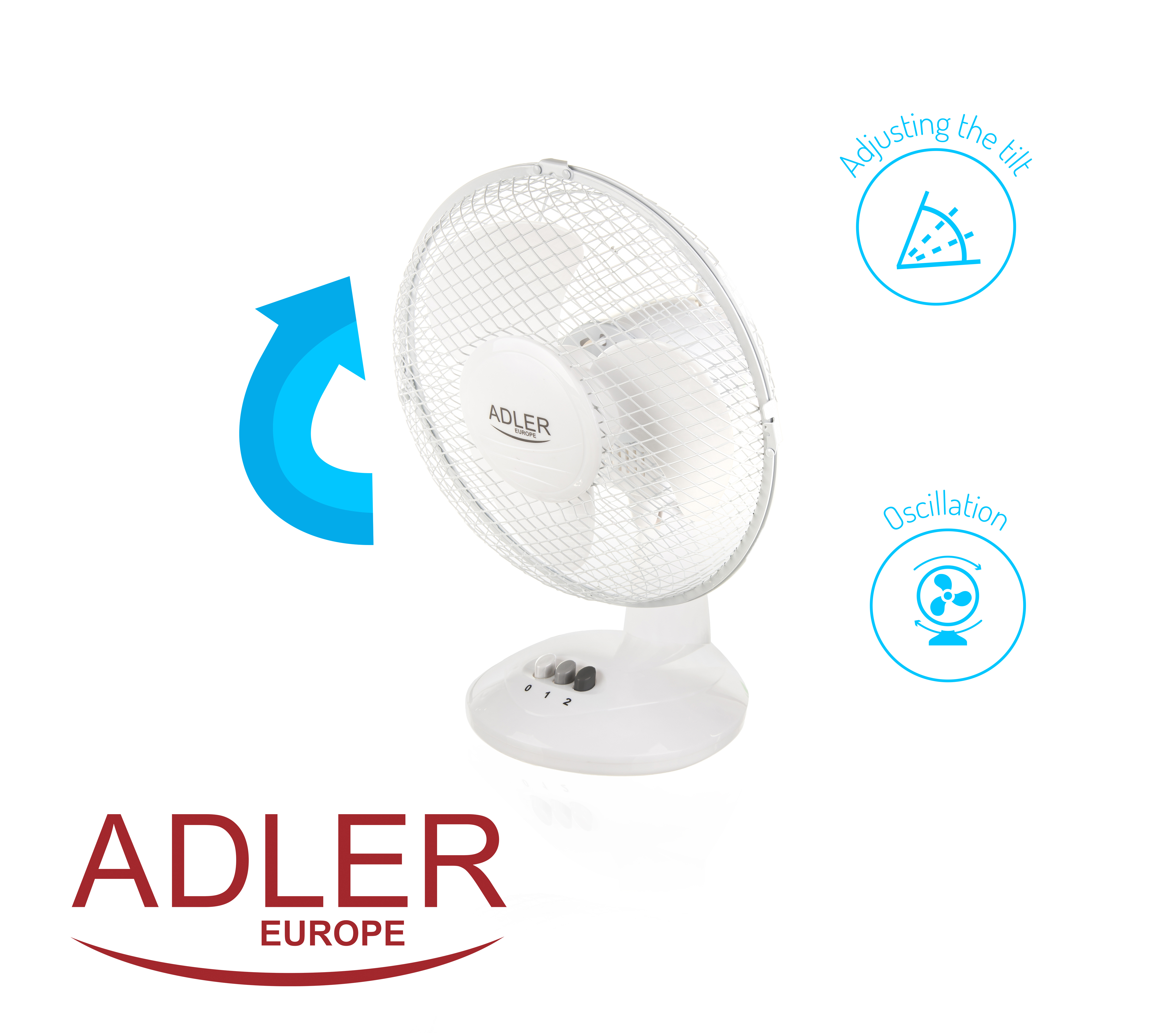 Un ventilateur de bureau blanc avec des icônes bleues indiquant les réglages d'inclinaison et d'oscillation.