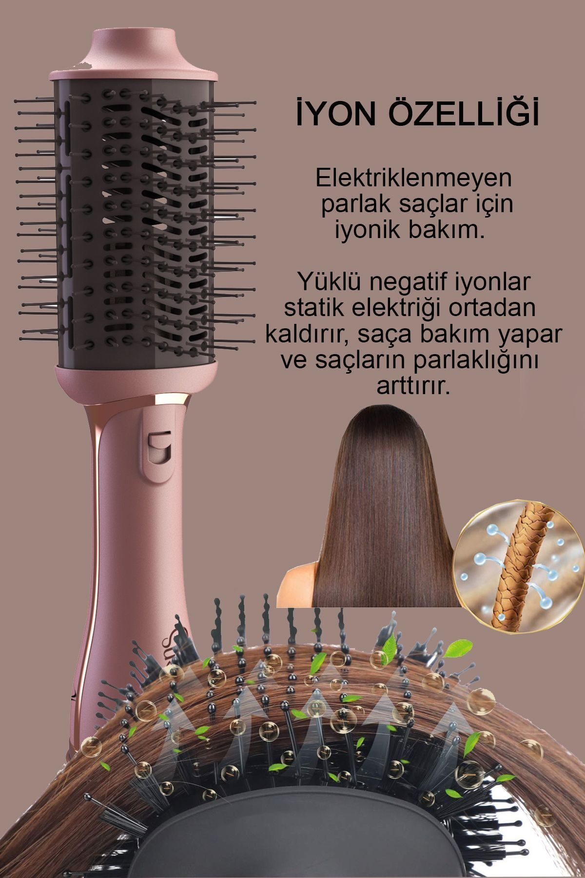 Rose gold saç kurutma fırçası başlığı, kıllar ve saç teli detayı.