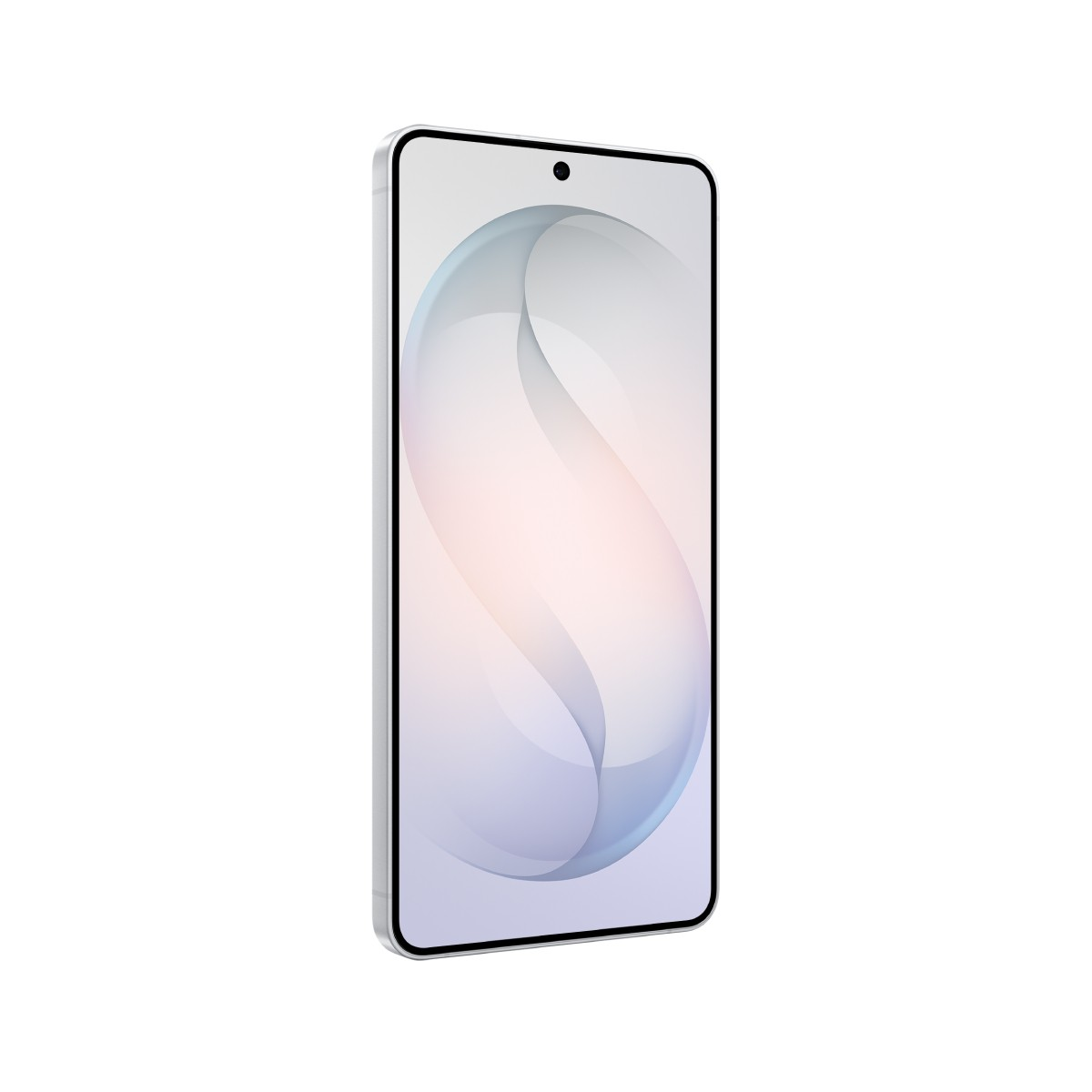 Biały smartfon z abstrakcyjnym niebiesko-różowym tłem na ekranie.