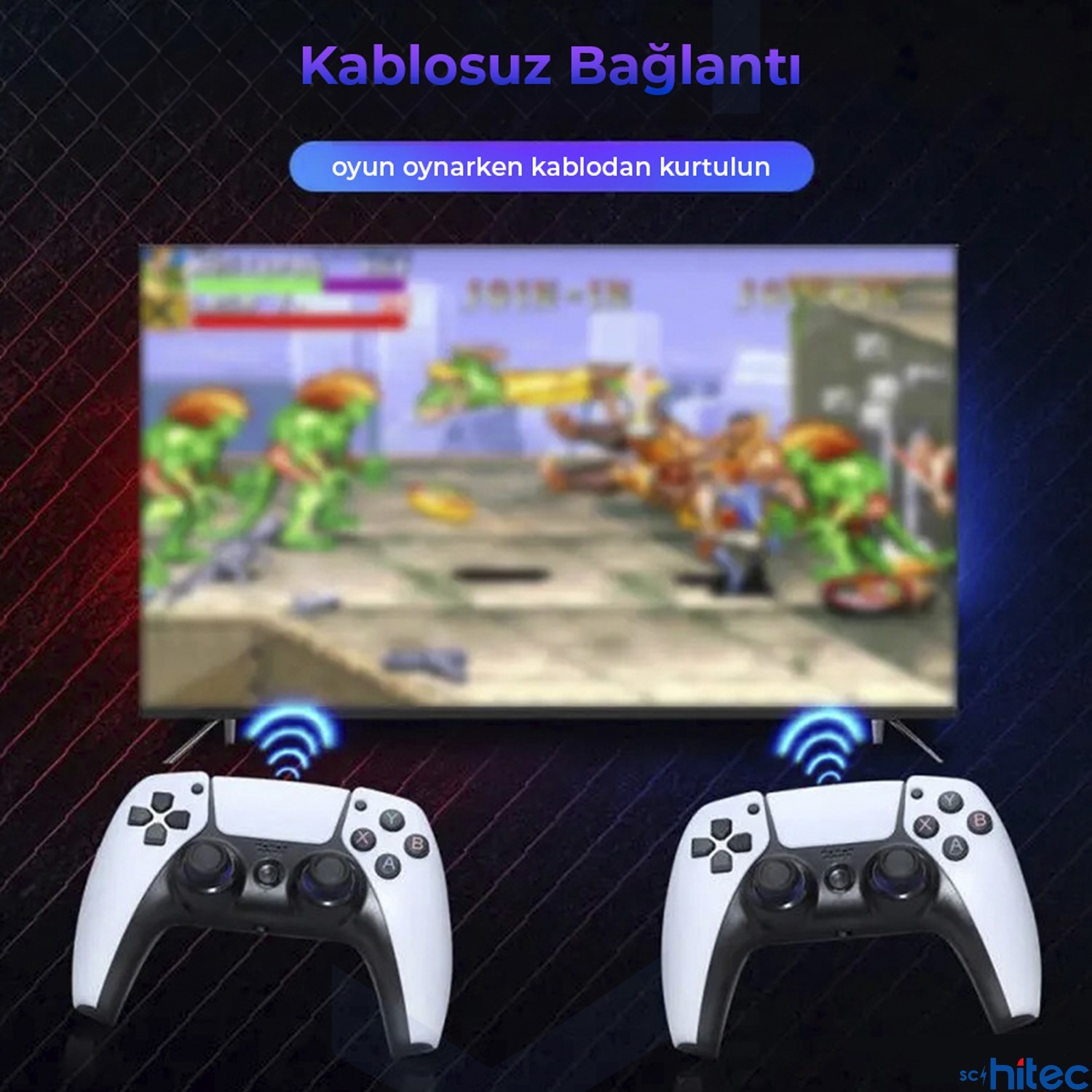 İki beyaz kontrolcü, bir video oyunu gösteren TV'ye kablosuz olarak bağlanır.