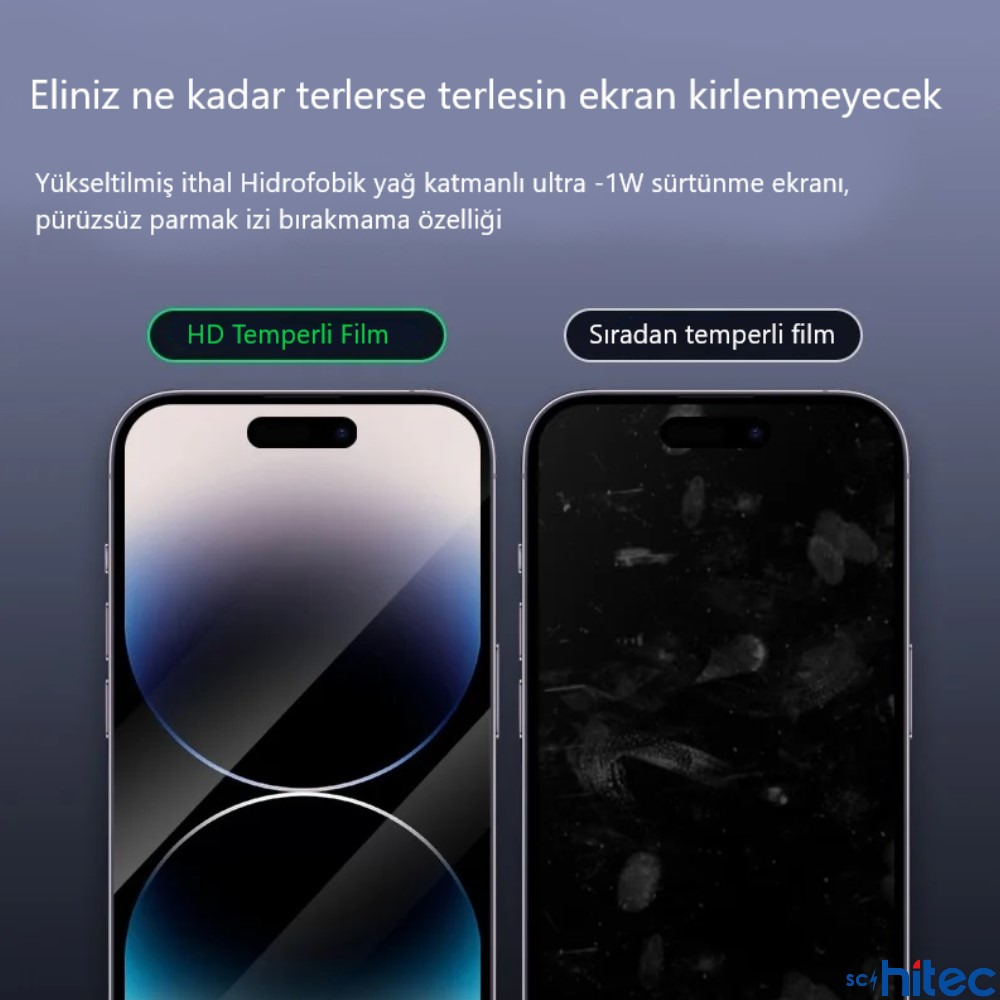 İki telefon ekranı karşılaştırması: Biri HD Temperli Film (temiz), diğeri normal film (kirli).