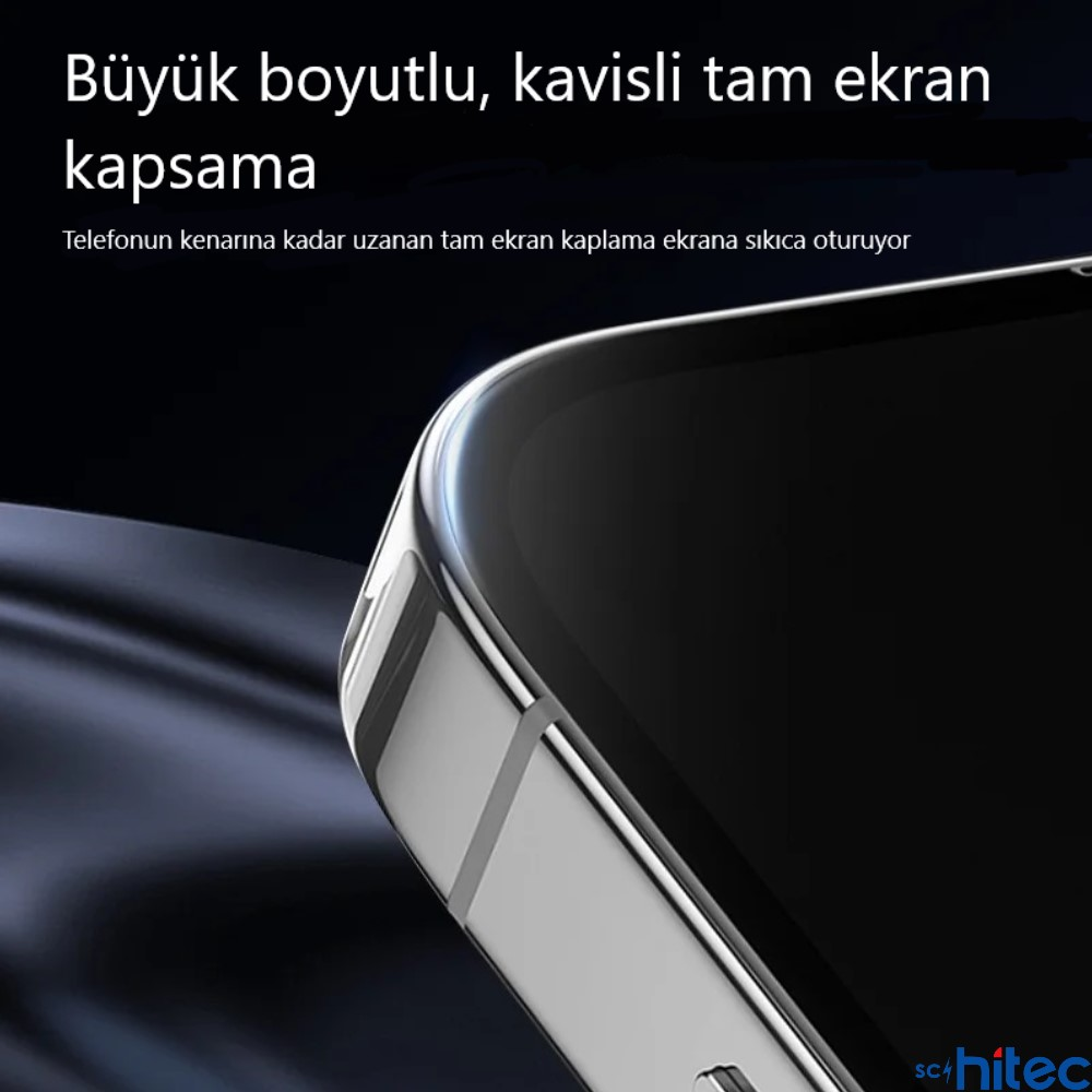 Telefonun metal çerçevesinde kavisli tam ekran koruyucunun yakın çekimi.