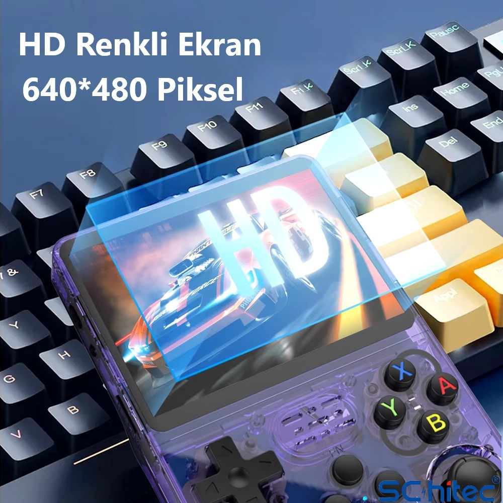 HD ekranlı şeffaf mor el cihazı klavyenin üzerinde duruyor.
