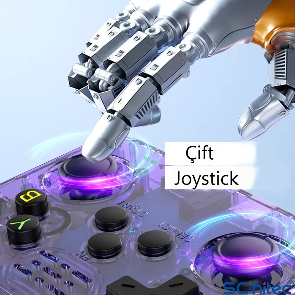 Bir robot kolu, şeffaf, mor parlayan bir joystick'e dokunuyor.