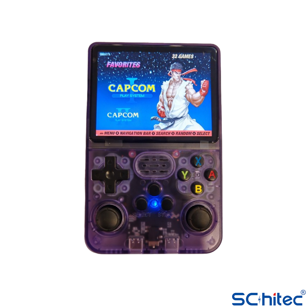 Capcom oyun menüsü gösteren şeffaf mor elde taşınan oyun konsolu.