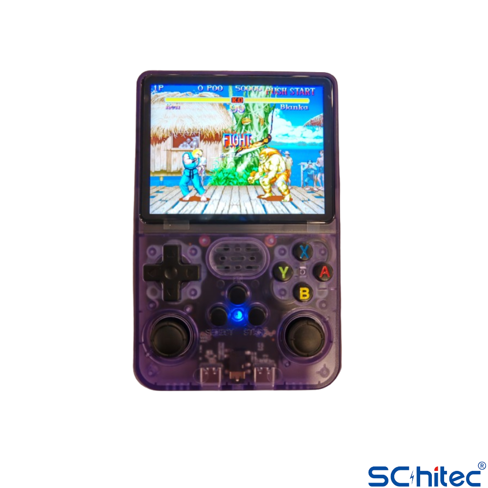 İki karakterin savaştığı Street Fighter oynayan mor elde taşınabilir oyun konsolu.