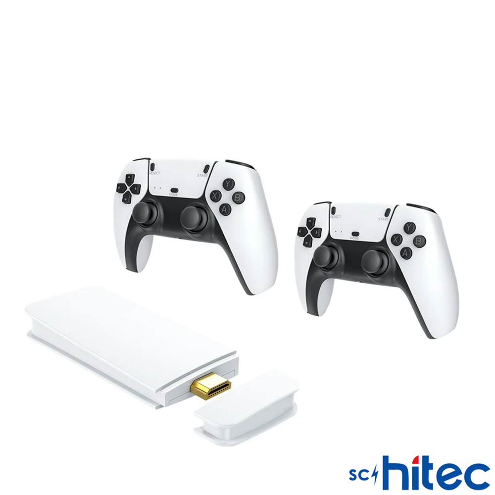 İki beyaz ve siyah oyun kumandası ve HDMI bağlantı noktalı beyaz kablosuz adaptör.
