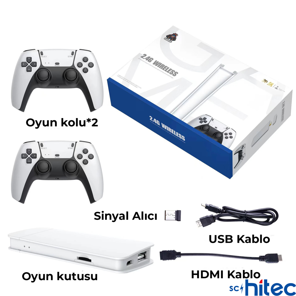 İki beyaz kontrolcü, beyaz kutu, USB ve HDMI kabloları, sinyal alıcısı.