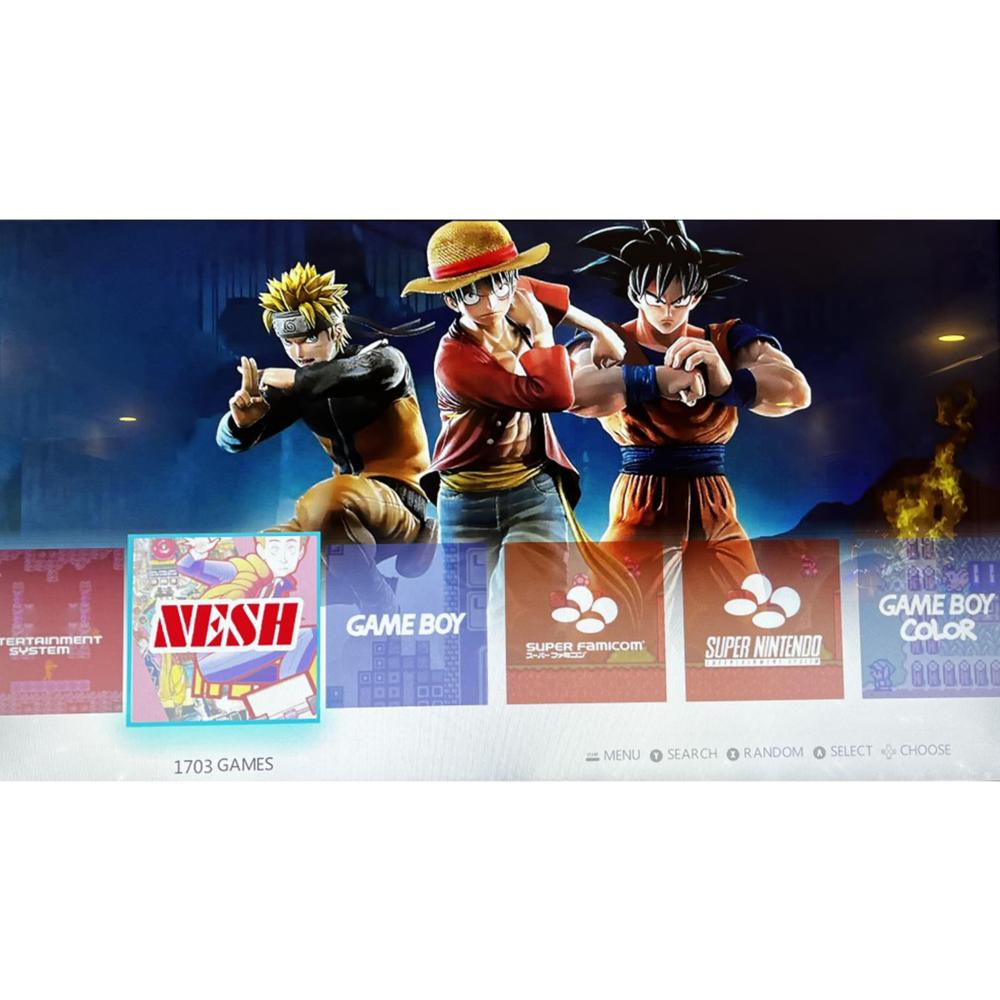 Anime karakterleri Naruto, Luffy ve Goku. NESH, Game Boy seçenekli oyun konsolu menüsü.