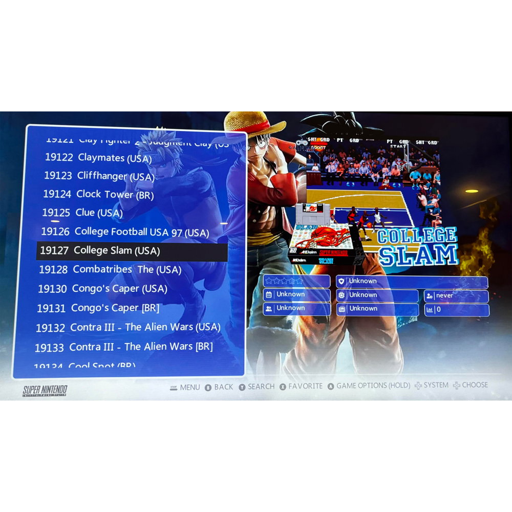 Oyun seçimi olan Super Nintendo menüsü. College Slam vurgulanmış.