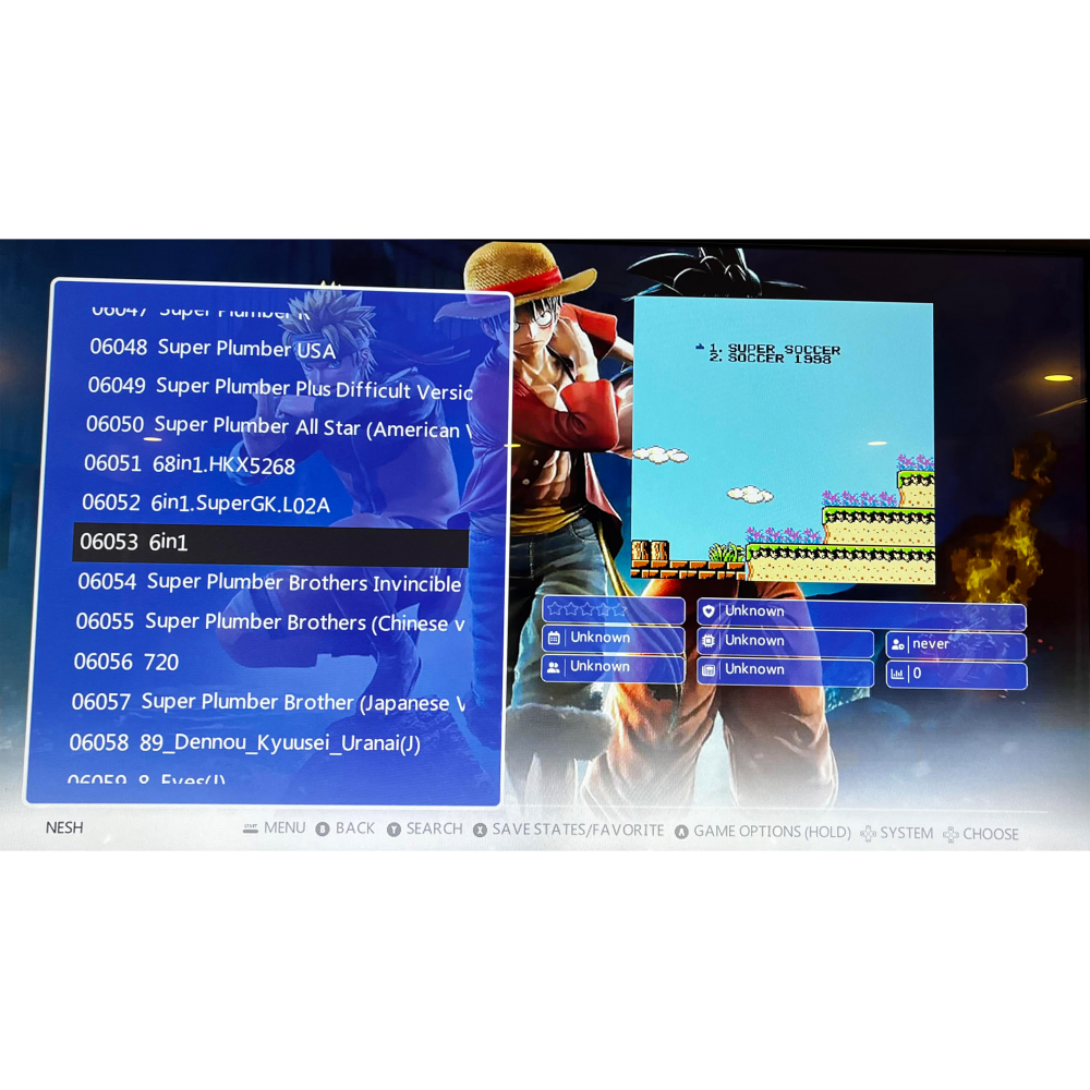 Ekran anime karakteri ve retro oyun içeren oyun listesi gösteriyor. Liste maviyle vurgulanmış.