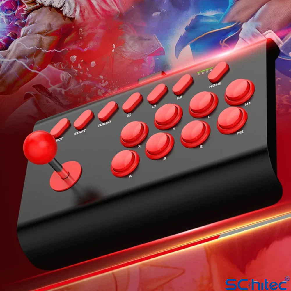 Kırmızı joystick ve düğmeli siyah arcade kontrolcü, dövüş oyunu grafikleriyle.
