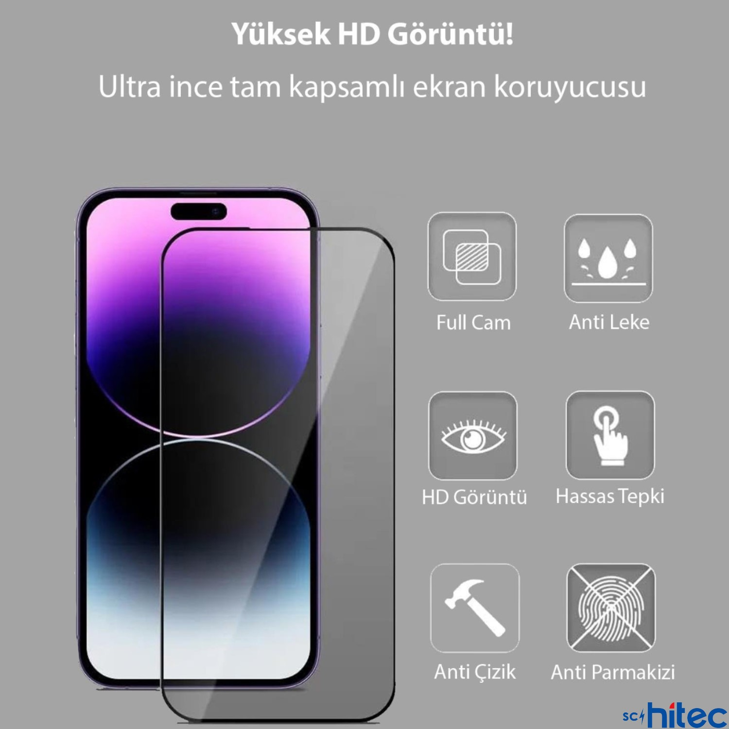 Akıllı telefon için ultra ince, tam kaplamalı ekran koruyucu, özellik ikonları ile.
