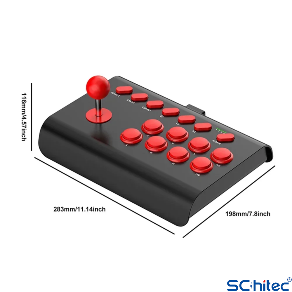 Kırmızı joystickli ve kırmızı düğmeli siyah arcade çubuğu.