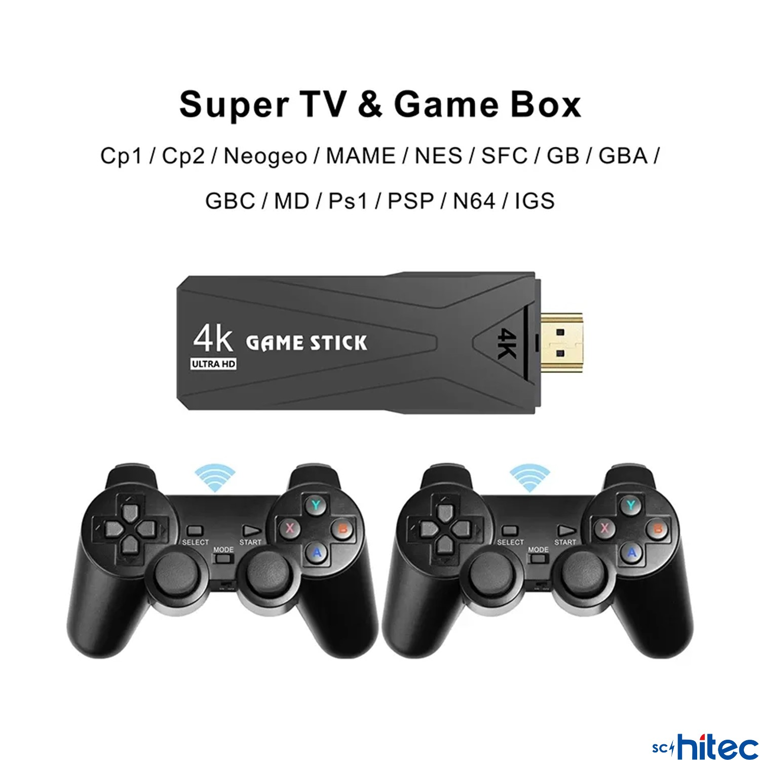 Mavi dalgalı siyah bir 4K Oyun Çubuğu ve iki kontrolcü.