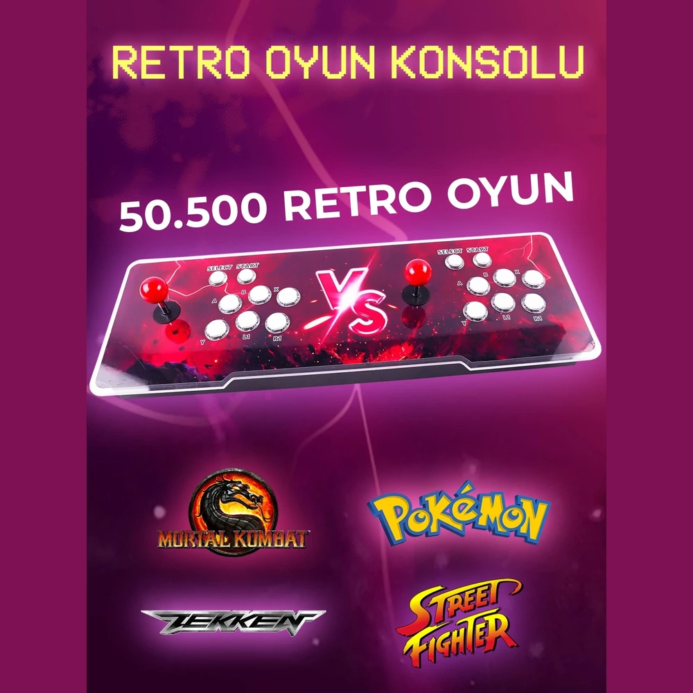 İki joystickli ve çok sayıda düğmeli retro oyun konsolu, Mortal Kombat, Pokémon, Tekken logolarını gösteriyor.