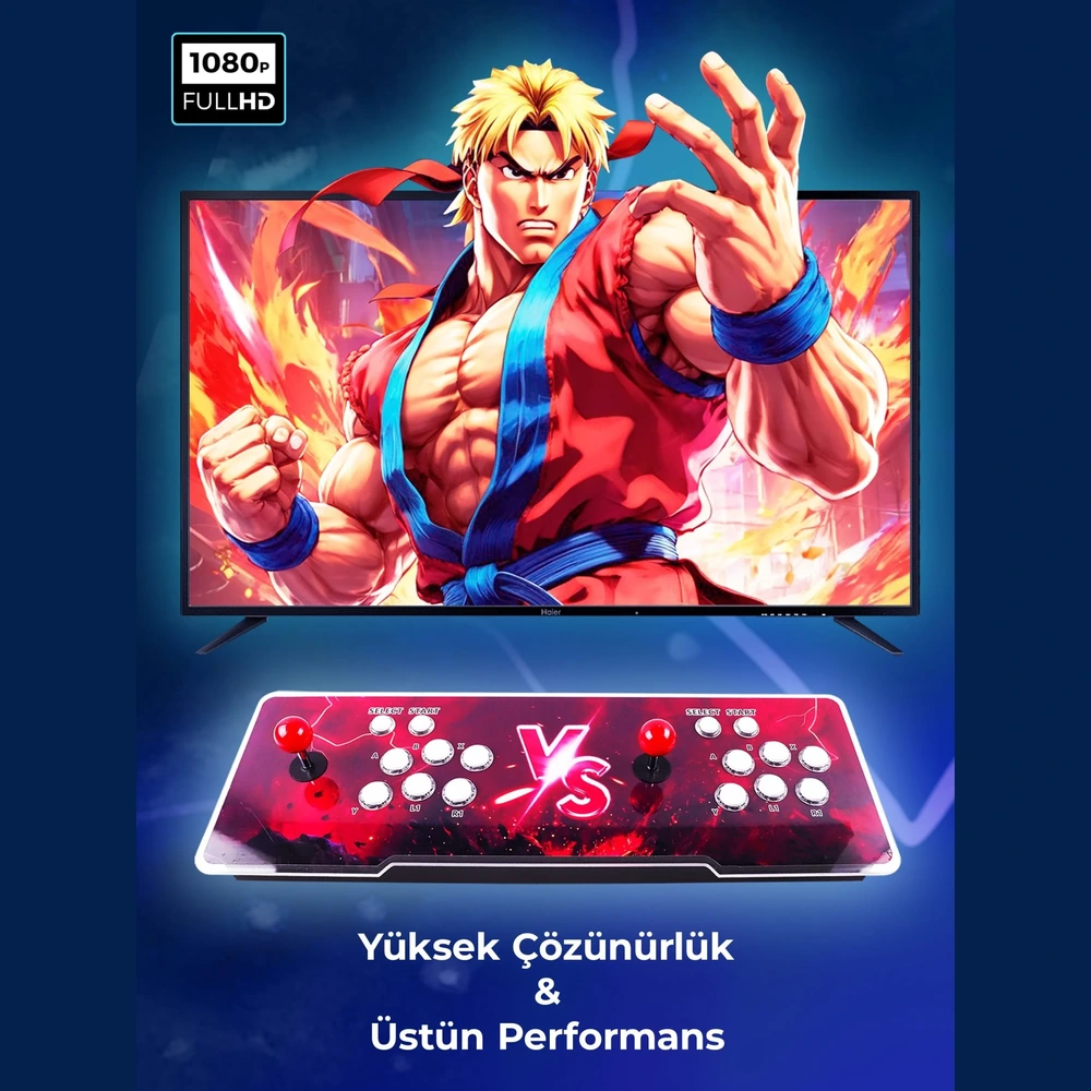 Bir dövüş oyunu karakteri, bir atari kumandasının üzerinde ekrandadır.