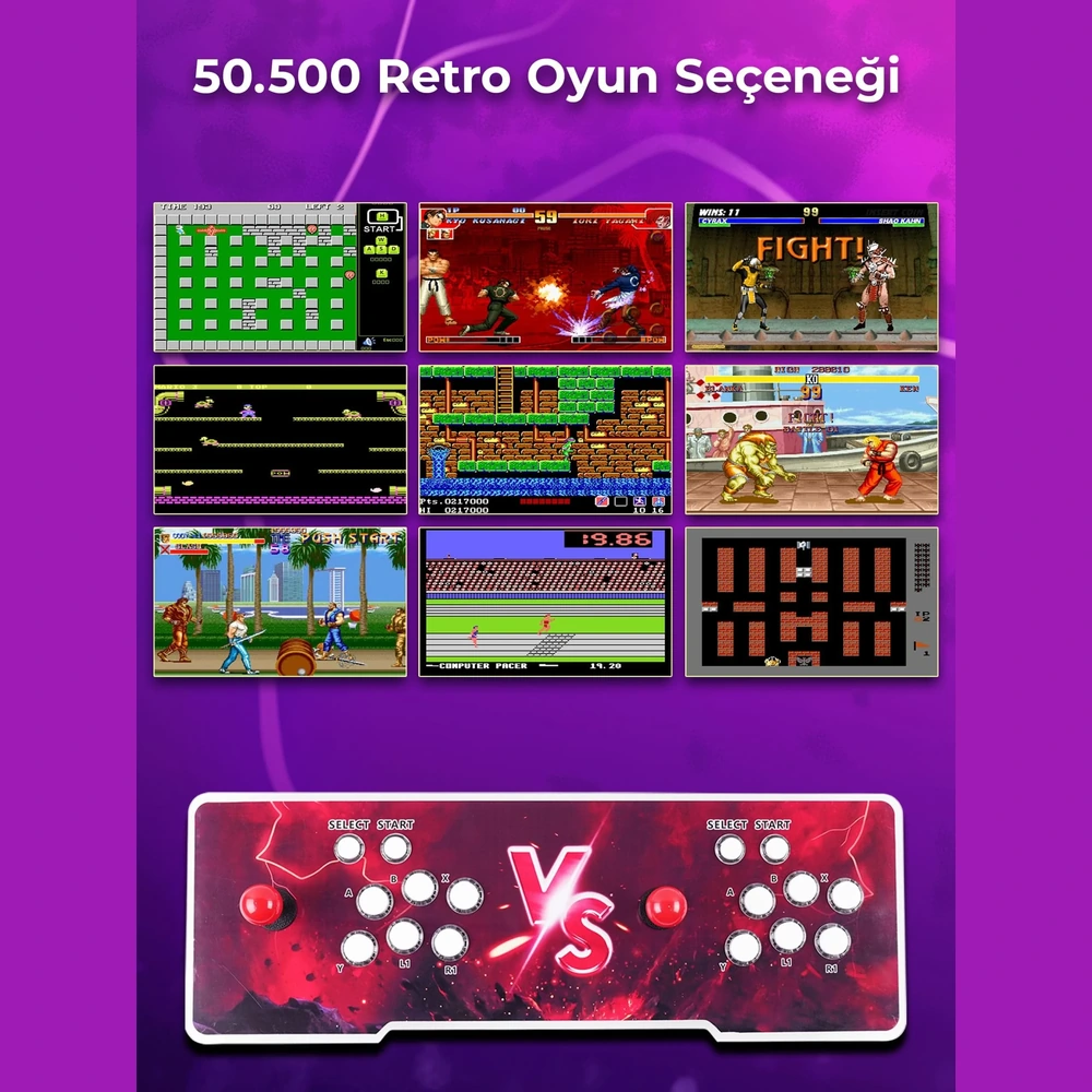 9 oyun ekranı ve iki kumanda gösteren retro oyun konsolu.
