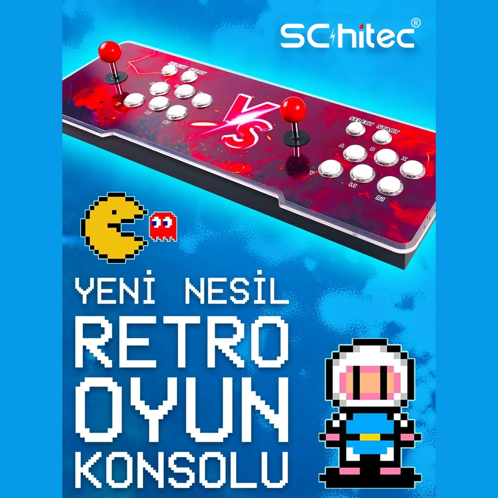 Joystick, düğmeler, Pac-Man ve Bomberman karakterli retro arcade kontrolcü.