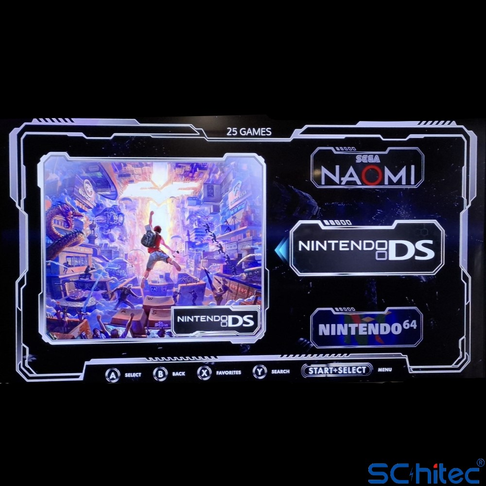SEGA NAOMI, NINTENDO DS ve NINTENDO 64 seçeneklerini gösteren bir oyun menüsü.