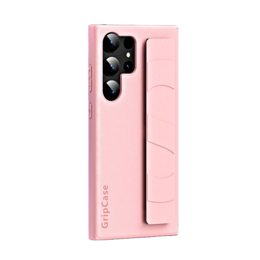 Pembe bir telefon kılıfı, tutma kayışı ve kamera modülü.