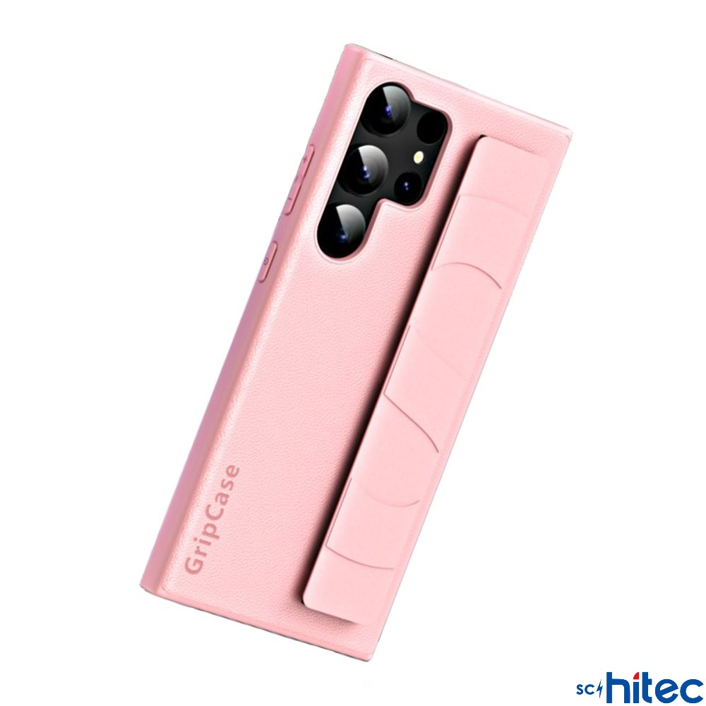 Kameralı ve tutma bantlı pembe telefon kılıfı.