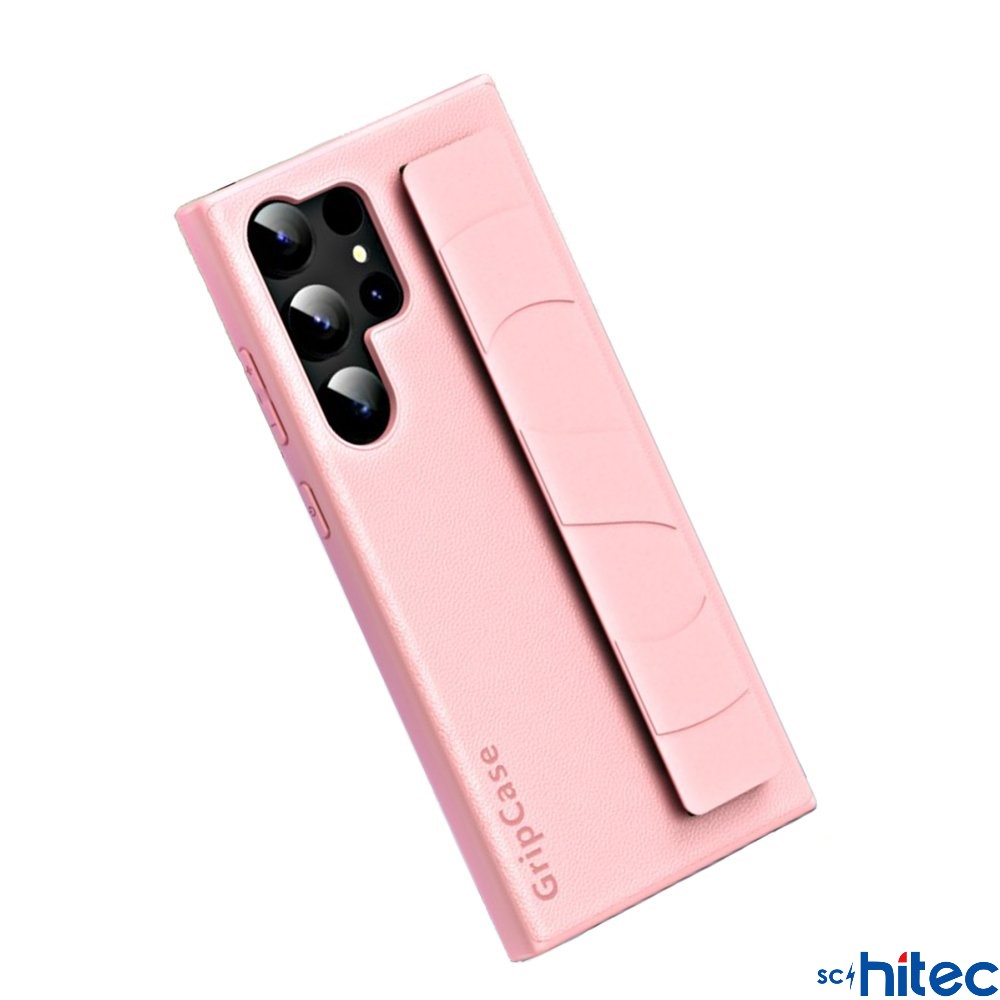 Entegre tutma şeridi ve kamera modülü olan pembe telefon kılıfı.