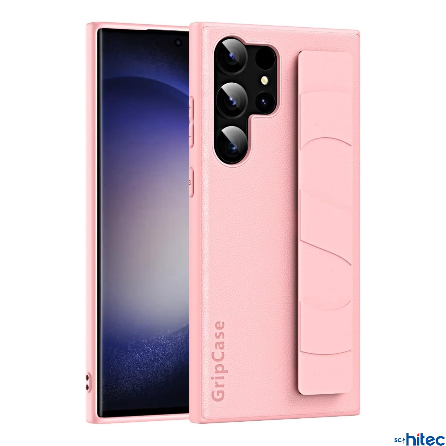 Kamera modülü ve tutma yeri olan pembe bir akıllı telefon.