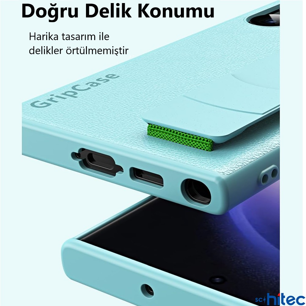 Standlı ve hassas port kesimli açık mavi telefon kılıfı.