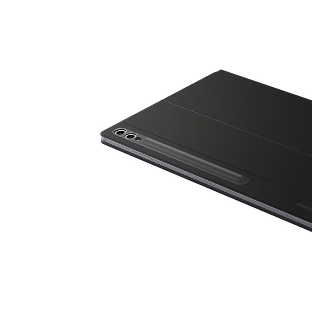 Beyaz arka plan üzerinde çift kameralı ve kalem tutuculu siyah tablet.