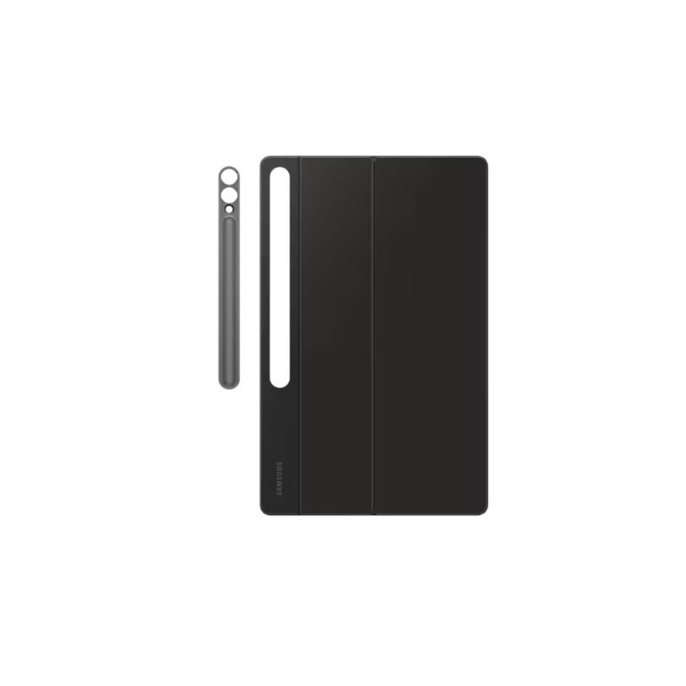 Beyaz arka plan üzerinde siyah tablet kalemi ve siyah tablet kılıfı.